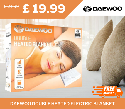 Daewoo Electric Blanket, Double, White, with 3 heat settings – perfect for warmth and comfort during colder months.