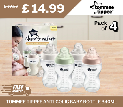 Tommee Tippee Anti-Colic Baby Bottle, 340ml, Pack of 4 – Designed to reduce colic and mimic breastfeeding with a natural feel.