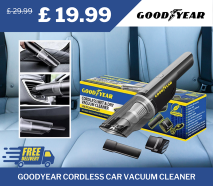 Goodyear Cordless Car Vacuum Cleaner – 120W Suction, USB Rechargeable, HEPA Filter