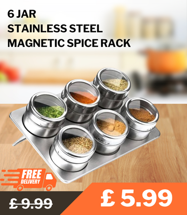 Organize your kitchen in style with this Generic 6-Piece Magnetic Spice Jar Set by Fair Trade. Made from high-quality rust-resistant stainless steel, this set includes 6 magnetic jars and a triangular or oblong tray—perfect for countertops or mounted disp