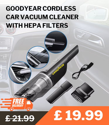 The Goodyear Cordless Car Vacuum Cleaner (120W, 3500PA suction) offers USB rechargeability, HEPA filtration, and wet & dry cleaning capabilities for deep cleaning your car and home. Lightweight, portable, and efficient.