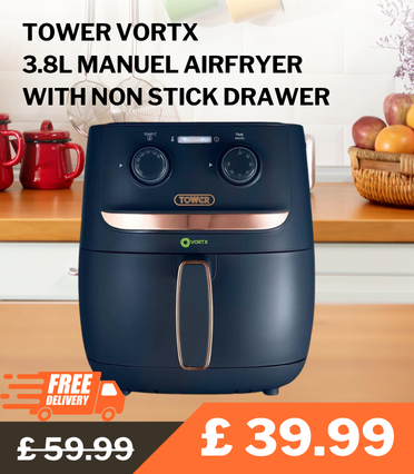 Enjoy fast, healthy, and energy-efficient meals with the Tower T17126MNB Vortx Manual Air Fryer. With a 3.8L capacity, 1500W power, and easy-to-use manual dials, this stylish midnight blue air fryer uses Vortx technology to cook food up to 30% faster whil