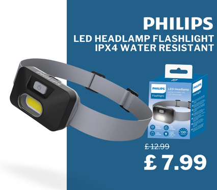 Philips LED Headlamp Flashlight, IPX4 water-resistant, originally £12.99, now £7.99 – 38% discount