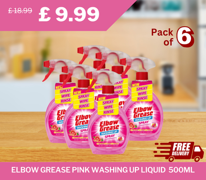 Elbow Grease Pink Washing Up Liquid 500ml, pack of 6, originally £18.99, now £9.99 – 47% discount with free delivery