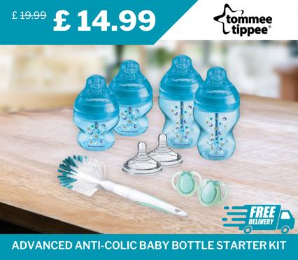  Tommee Tippee Advanced Anti-Colic Baby Bottle Starter Kit in Blue. Designed to reduce colic and discomfort for your baby