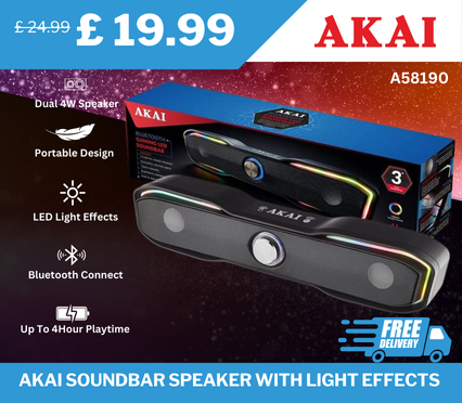 AKAI Soundbar Speaker A58190 Black, originally £24.99, now £19.99 – 38% discount with free delivery