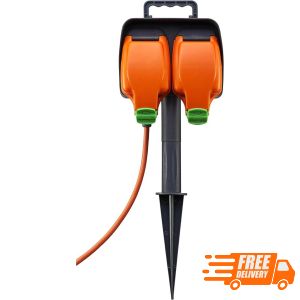 Masterplug Weatherproof Outdoor Inline Double Socket - 15m Garden Spike Extension